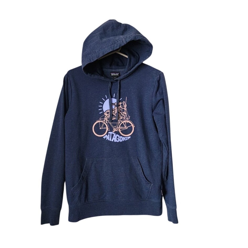 PATAGONIA Fisherfox Ahnya Hoodie Stone Blue Bicycle Graphic Organic Cotton M
